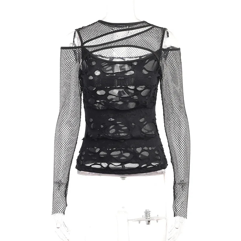Gothic Mesh Hole Long Sleeve T-Shirts Women's Mock Neck Slim Fit Fishnet Sheer Blouse Cut Out Rave Tops See Through Top