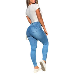 Pbong  Slim Fit Women's Workwear Pants Jeans Capri Sexy Trendy New Style High Waist Straight Leg Blue Denim Trousers