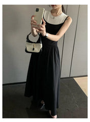 Knit Patchwork Pleat Long Dress Round Neck A-line Fashion Women Dress2025 New Sleeveless Loose Vestidos Chic Female Clothing