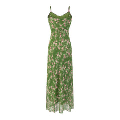Green Pink Floral Print Women Dress For Summer 2025 New V-neck Chiffon Long Dresses Fashion High Waist Vacation Beach Vestidos