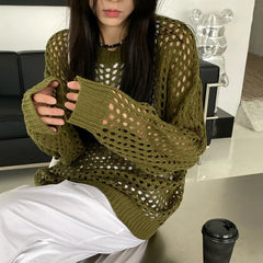 Oversized Crochet Top for Women Long Sleeve Crew Neck Casual Open-knit Sweater Pullovers Top Teen-girl Grunge Y2K Outfit