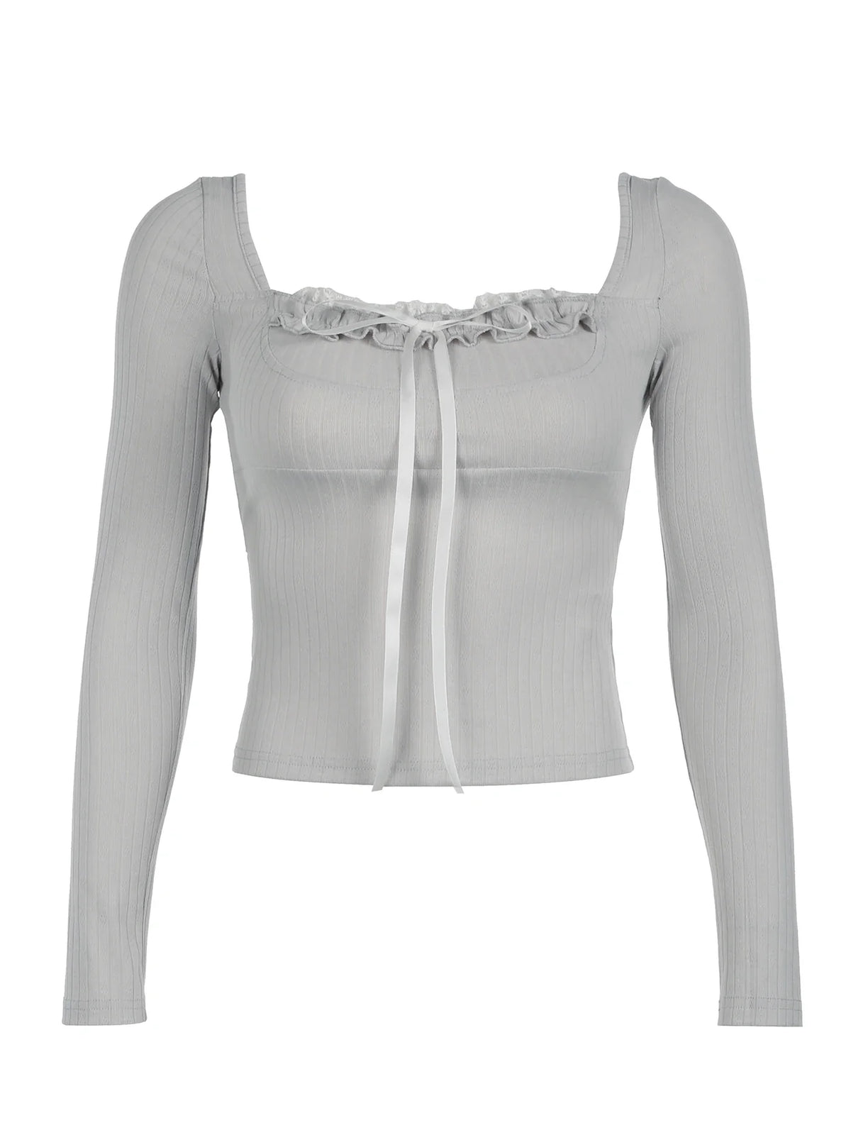 Japanese Kawaii Frills Tie Bow Square Collar Slim Long Sleeve Gray T Shirt Women Solid Basic Sweet Balletcore Knit Rib Top Tees