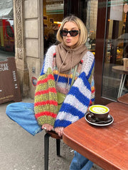 Fashion Contrasting O Neck Hollow Out Knitted Pullover Women Chic Long Sleeve Loose Sweater Autumn Lady Casual Streetwear