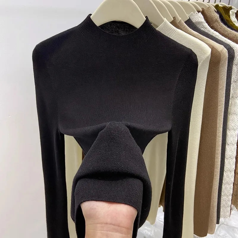 Mock Neck Sweater Woman Long Sleeve Rib Knit Mockneck Pullovers Plain Jumper Female Autumn Winter Soft Knitwear Basic Outfit