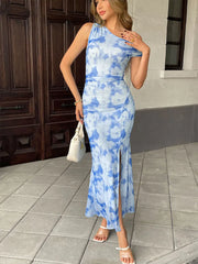 Summer New Women's Maxi Dresses Streetwear Fashion Print Split Casual Slim Dress Sexy Club Party Knitted Female Dresses Clothing