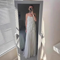 Fashion Sweet 3D Flower Patchwork Long Dress Chiffon Solid Color Pleated Party Dress 2025 New Summer Vacation Woman Clothing