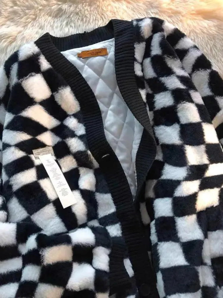 Jackets for Women Autumn Winter V Neck Plush Jacket Korean Fashion PlaidCoats Loose Casual Single Breasted Female Clothing