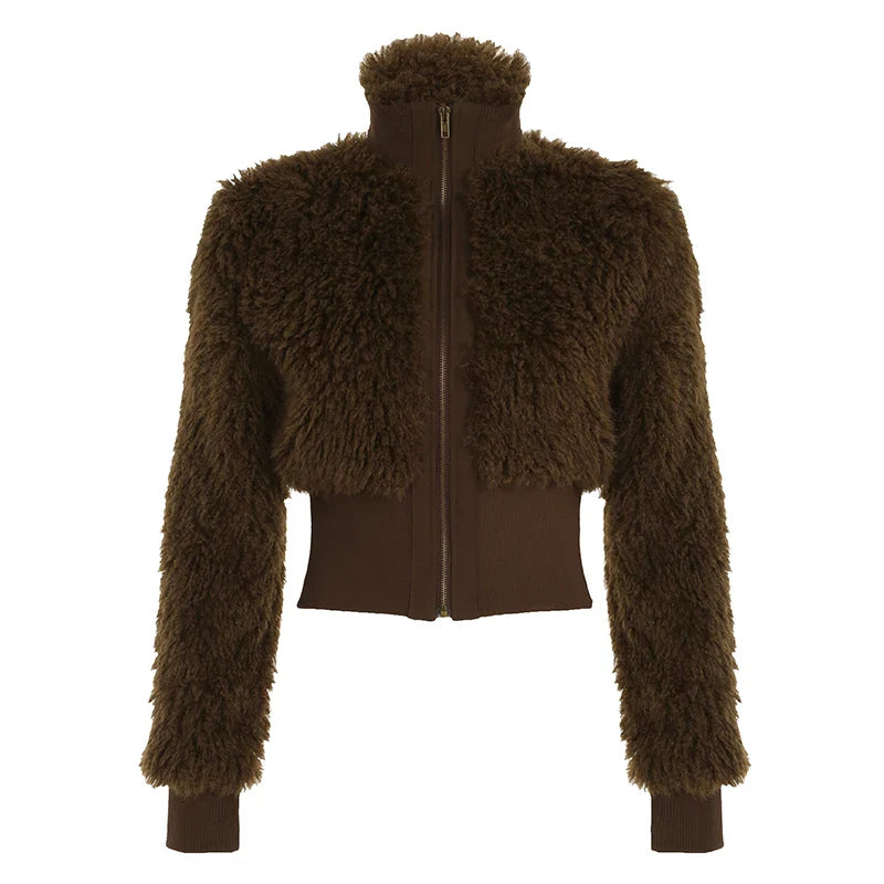 American Retro Classical Plush Jackets Women long Sleeve Slim Zipper Fluffy Chic Design Binding Waist Cardigan New