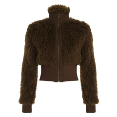 American Retro Classical Plush Jackets Women long Sleeve Slim Zipper Fluffy Chic Design Binding Waist Cardigan New