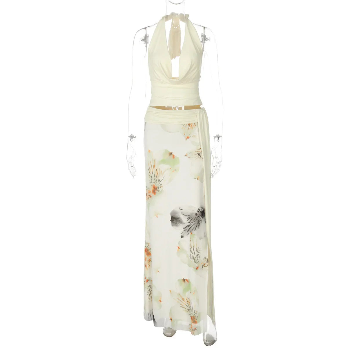 Mesh Print Skirt Two Piece Sets Women Halter Backless Tank Tops And Maxi Skirt Female Slim Summer Split Dress Sets