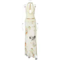 Mesh Print Skirt Two Piece Sets Women Halter Backless Tank Tops And Maxi Skirt Female Slim Summer Split Dress Sets