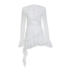Flare Sleeve White Mesh Ruffles Dress