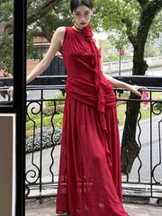 Womens Sexy Red Sleeveless Dresses Elegant Tie Flower Diagonal Collar Birthday Party Dress Summer Holiday Beach Pleated Vestidos