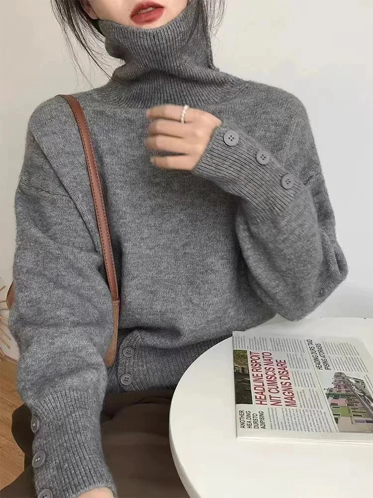 Turtleneck Sweater with Buttons Decor Funnel Neck Pullovers Grey Jumper for Women Ladies Cosy Autumn Winter Casual Outfit