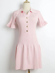 Lapel Ruffle Kintting Short Dress For Women Elegant Fashion A-line Summer Dress Metal Button Solid Chic Femme Vestidos 2025 New