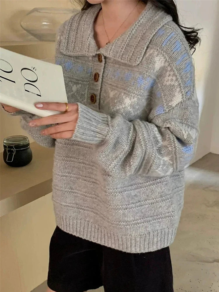 Retro Women Print Sweater Casual Korean Lazy Wind Sweet Knitted Jumpers Fall Winter Lady Long Sleeve Vintage Soft Pullover