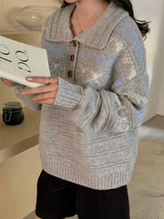 Retro Women Print Sweater Casual Korean Lazy Wind Sweet Knitted Jumpers Fall Winter Lady Long Sleeve Vintage Soft Pullover