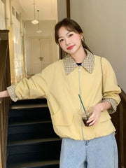 Sweet Cargo Jacket Women Loose Preppy Style Plaid Patchwork Short Coat Casual Korean Fashion Long Sleeve Fall Winter Tops