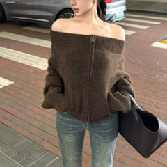 Women's Off-the-Shoulder Sweater Cardigan Zip Up Knitted Off Shoulder Sweater Jacket Teen-girl Fall Winter Y2K Outfit