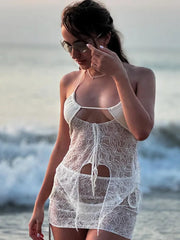 See Through Lace Hollow Out Sexy Two Piece Sets Women Halter Crop Tops And Mini Skirt Female Beach Club Skirt Sets