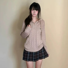 Preppy Style Women Knitted Pullovers Vintage Japanese Style White Hooded Sweaters JK Female Oversized Fashion Pullovers