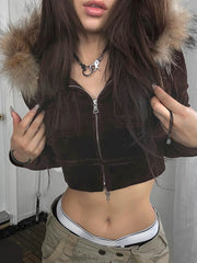 Autumn Trendy Velvet Short Women's Coat Zipper Faux Collar Hooded Simple All-Match Jackets Fashion New