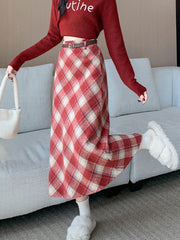 Faux Woolen Plaid Long Skirt Women Vintage Slim High Waist Back Slit Belt Skirts Korean Fall Winter Elegant Long Skirts New
