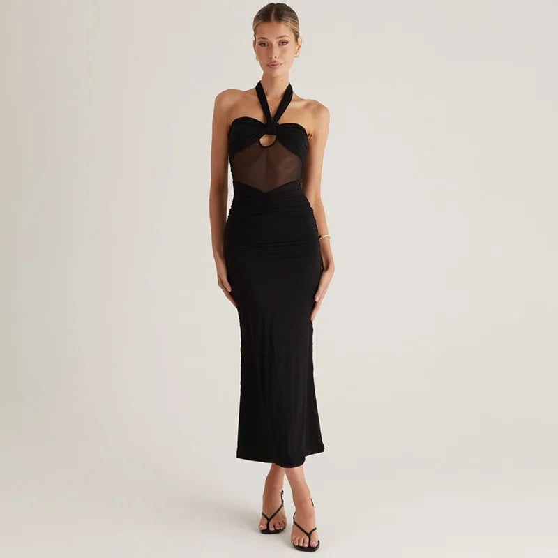 Hollow Out Halter Sexy Maxi Dress Women Gown Summer New See Through Mesh Sleeveless Backless Bodycon Club Long Dress