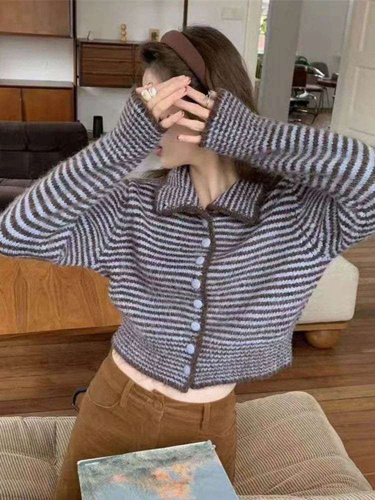 Harajuku Y2K Striped Cardigan Women Vintage Loose Casual Knitted Sweater Fall Winter Japan Retro Long Sleeve Female Soft Tops