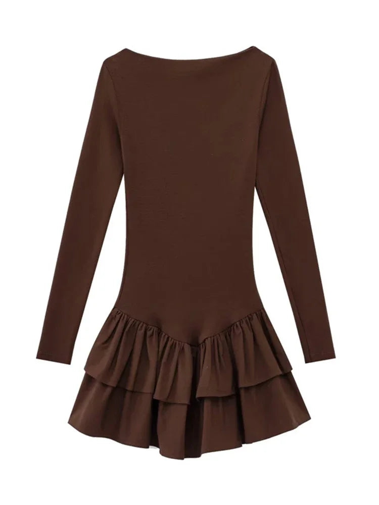 Fashion Women Round Neck Pleated Solid Mini Dress Chic High Waist Long Sleeve Short Vestdios Elegant High Street Robes