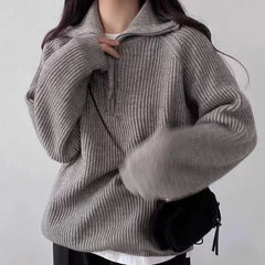 Quarter Zip Sweater Pullover Women Chunky Knit Polo Collar Oversize Jumper Sweater Jacket Teen-girl Autumn Winter Casual Outfit