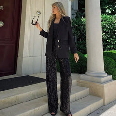 Women's Elegant Silk Sequins Pants, Midi Waist, Loose Long Pants, Classic Trousers, Female Clothing, Fashion, Streetwear,