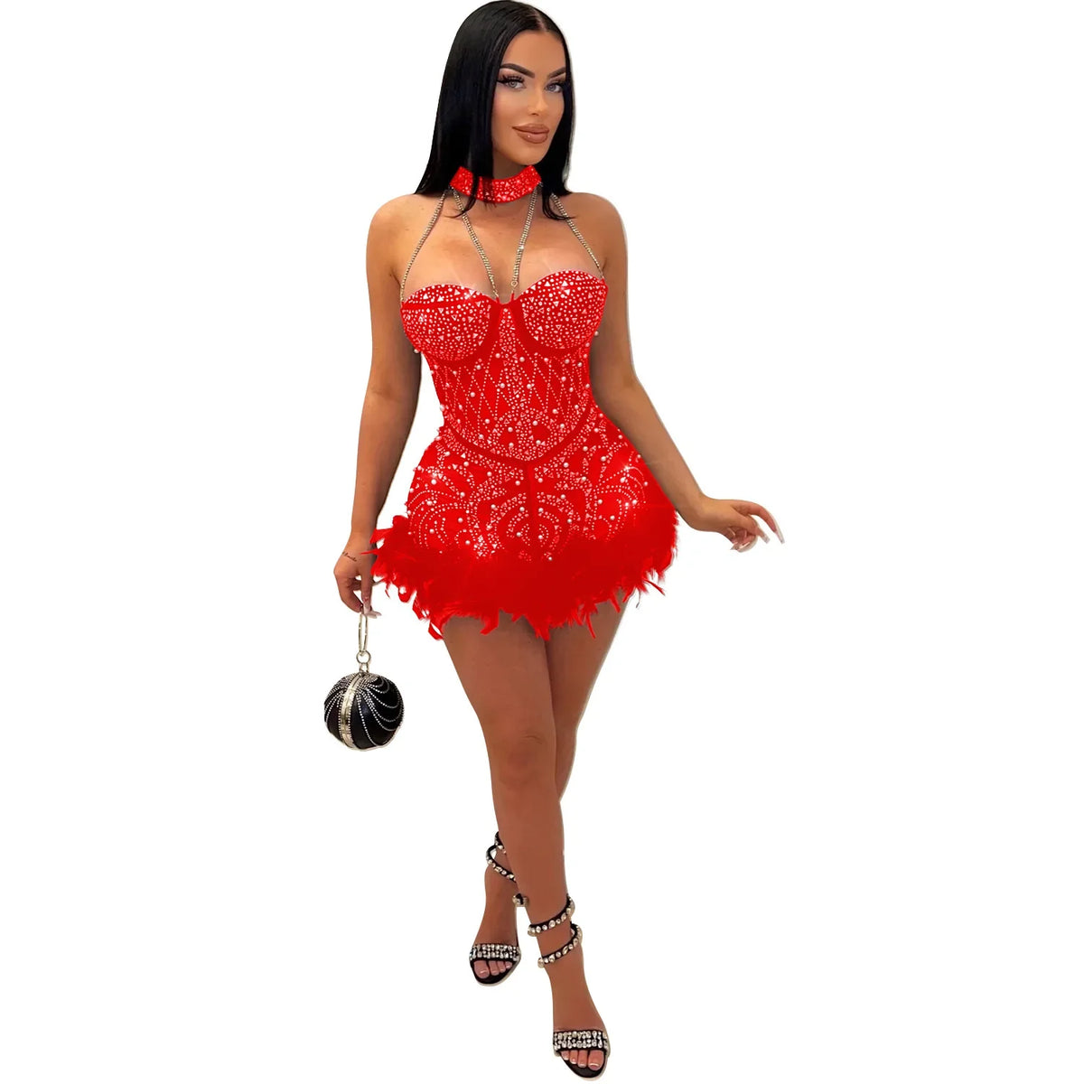 Luxury Pearls Rhinestone Beaded Prom Dresses Women Halter Chain Feathers Patchwork Mini Dress Bodycon Birthday Party Vestido