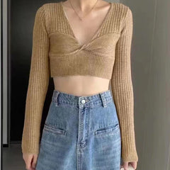 Rib Knit Crop Top with Keyhole Criss-Cross Front Long Sleeve V-Neck Short Sweater Pullovers Women Teen-girl Y2K 90s Outfit