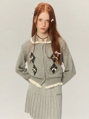 Vintage Sweet Cropped Cardigan Women Coquette Aesthetic Bow Knitted Sweater Mujer Kawaii Korean Fashion Long Sleeve Top