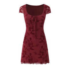 2025 New Summer Flocking Flower Sweet Chic Tight Dress Square Collar Retro Short Dress Double Layer Mesh Sweet Chic Women Dress
