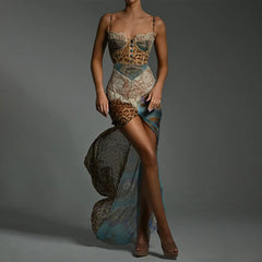 Leopard Print Sexy Maxi Dress For Women Lace Gown Patchwork Chiffon Sleeveless Backless Slit Dress Female Vacation Beach Dresses