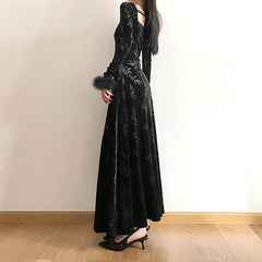 Elegant Black Velour Faux Fur Jacquard Dress