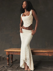 Lace Sexy Two Piece Skirt Set Women Sleeveless Crop Tops And Skirt Femme Elegant Party Two Piece Sets Fashion