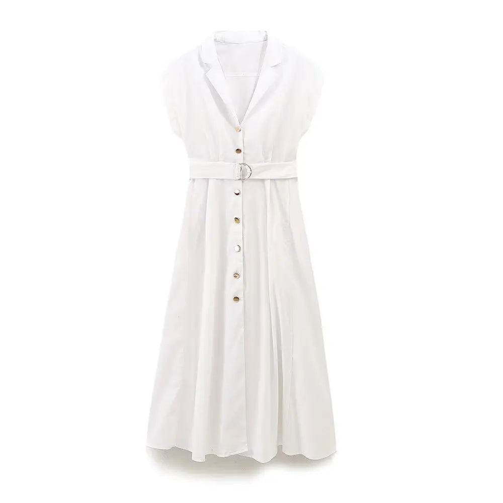 Fashion Casual Women Dress With Belt Single Breasted Simple Elegant Summer Long Dress New Casual Chic Female Clothing