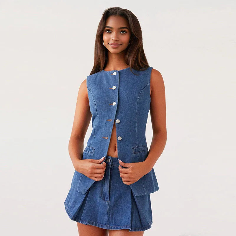 Retro Denim O-neck Vest Mini Skirt Woman's Set Casual Sleeveless Single Breasted Tops Pleated Skirts Sets Female Chic Outfits