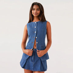 Retro Denim O-neck Vest Mini Skirt Woman's Set Casual Sleeveless Single Breasted Tops Pleated Skirts Sets Female Chic Outfits