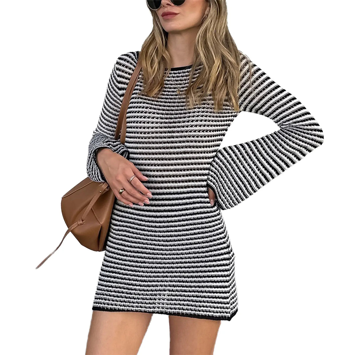 Pbong  Women Bodycon Knitted Dress Striped Round Neck Long Sleeve Casual Fall Short Dress