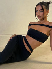 Strapless Sexy Two Piece Set Women Fashion Off-shoulder Sleeveless Crop Tops And Long Skirt Ladies Party Skirt Sets