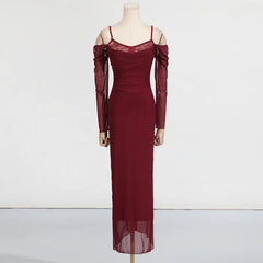 2025 New Lace Patchwork Sexy Streetwear Long Dress V-neck Tight Slit Party Dress Spring Summer Off Shoulder Fashion Vestidos