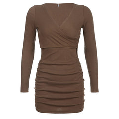 Brown V-Neck Knitted Wrap Ruched Dress