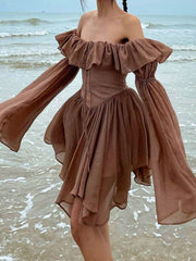 Brown Pleated Off Shoulder Ruffles Patchwork Sundress