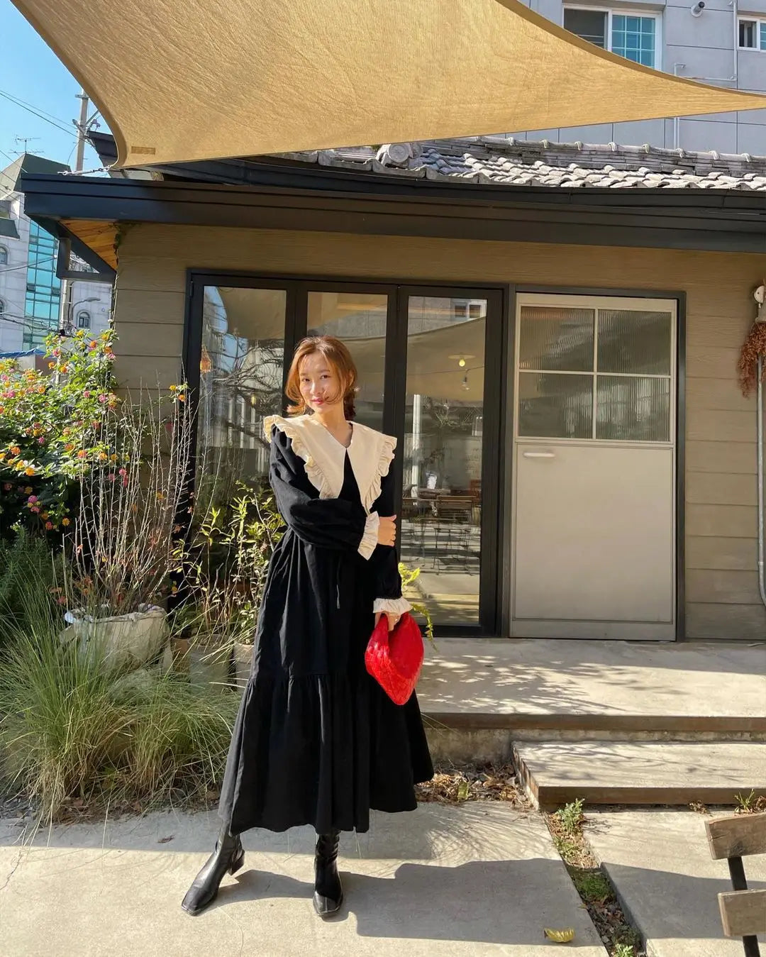 Large Turn Down Collar A-line Long Dress 2025 New Patchwork Belt Chic Black Spring Dress Loose Ruffle Fashion Summer Dresses