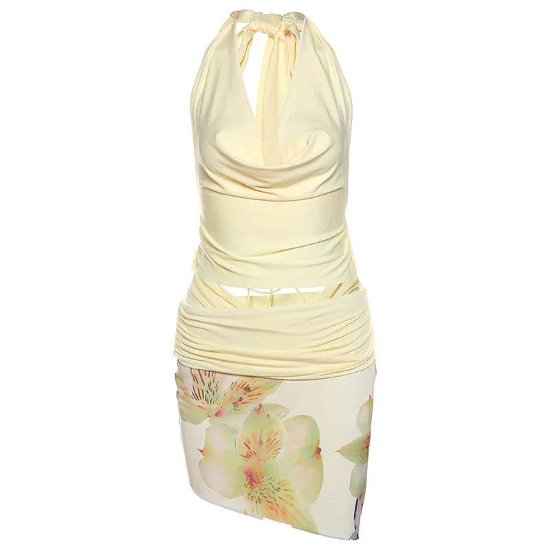 Temperament 2-Piece Set Women Halter Backless Swing Collar Tops+Wear Both Front And Back Patchwork Skirts Matching Suits