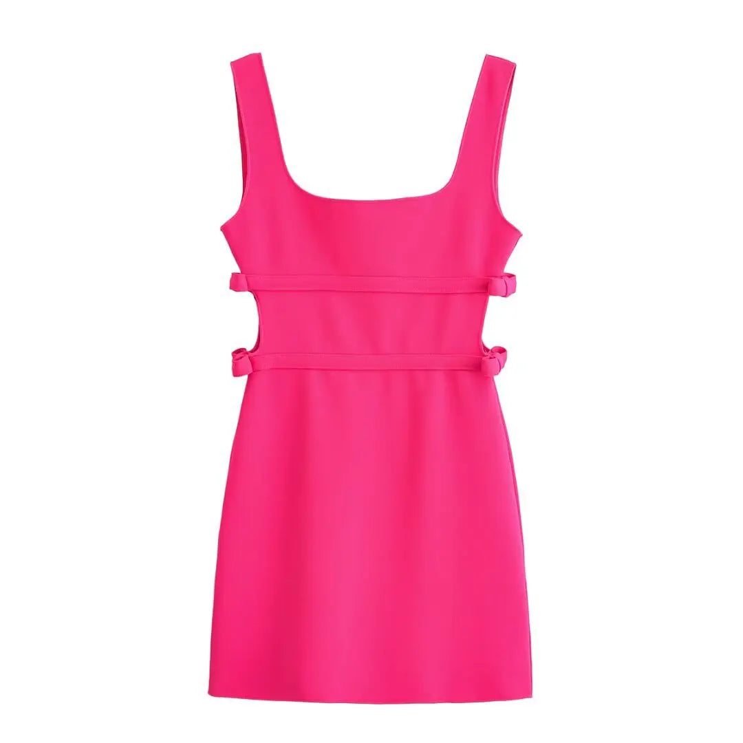 Fashion Bow Hollow Out Sleeveless Square Neck Short Dress Tight Sexy Backless Rosered Summer Dress  New Female Clothing